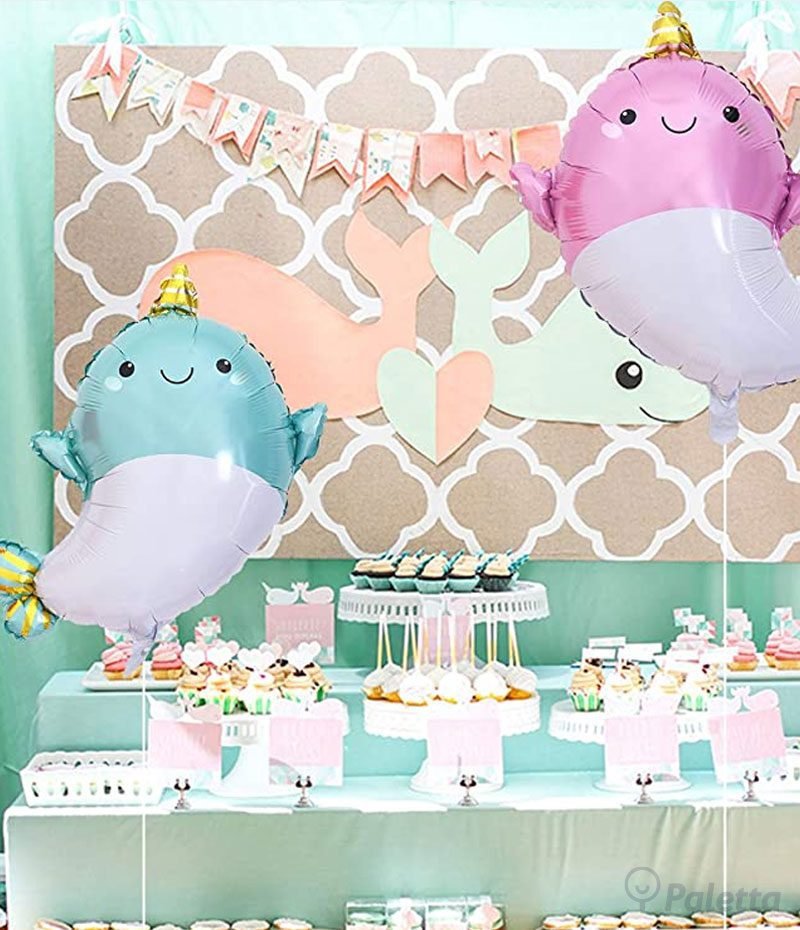 Globo De Aluminio Arcoíris Con Forma De Narval Y Ballena – Pack De 5 Piezas Para Fiesta Temática Marina De Cumpleaños